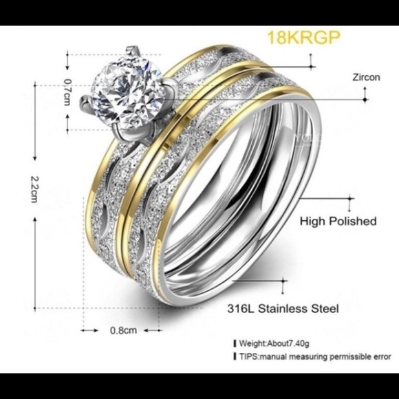 ⚜️ Two Tone Frosted Steel 3 Band Wedding Ring Set - Picture 3 of 13